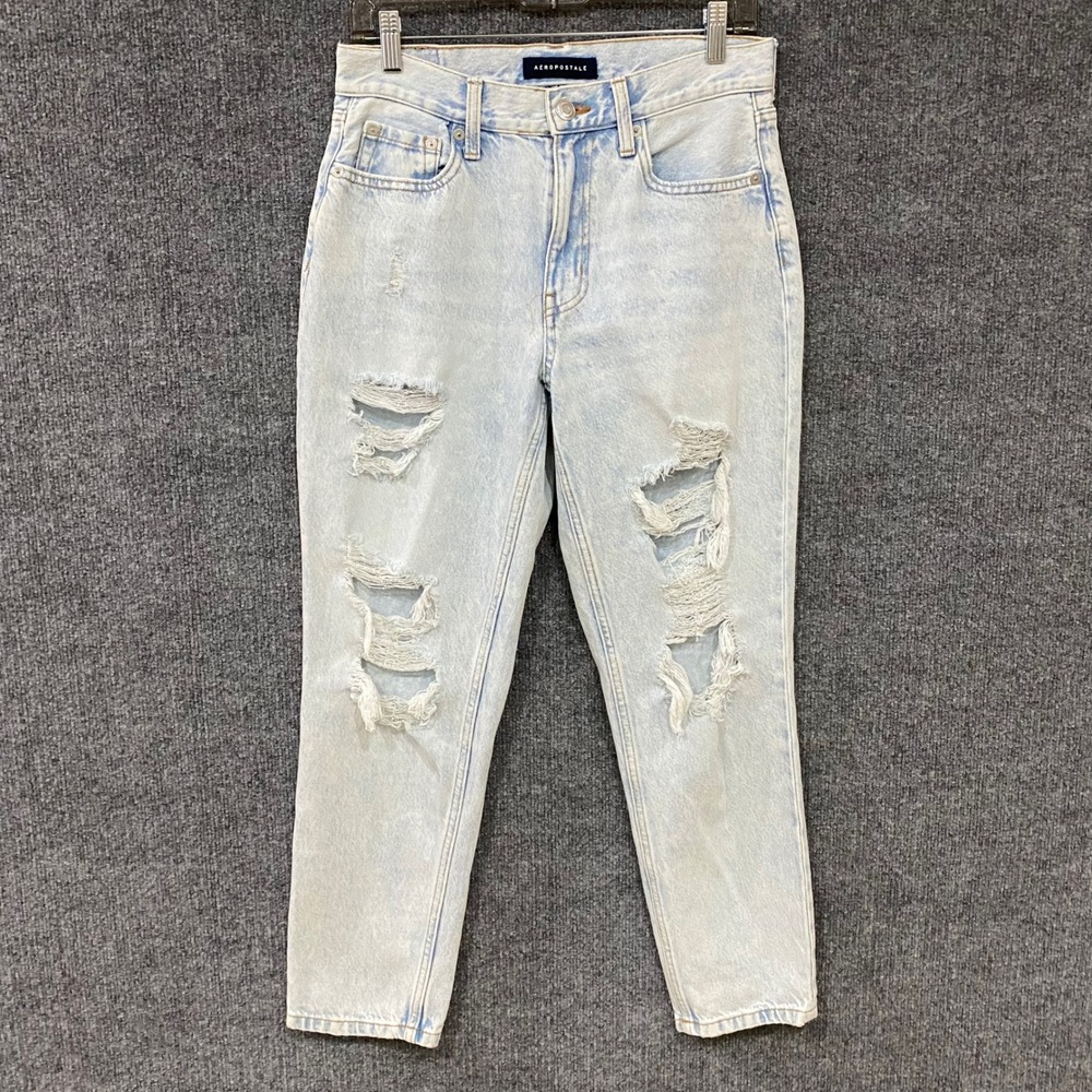 Aeropostale Mom Jeans Womens 4 Light Wash Distressed Ripped High Rise LXSFBA195